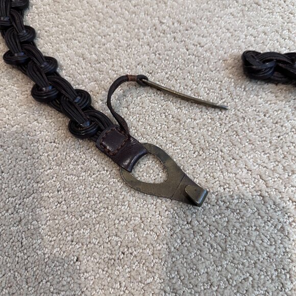 Leather Brown Hip Belt Boho Southwest Braided Swirl Brass Tone Hook Close Unique - Picture 5 of 8